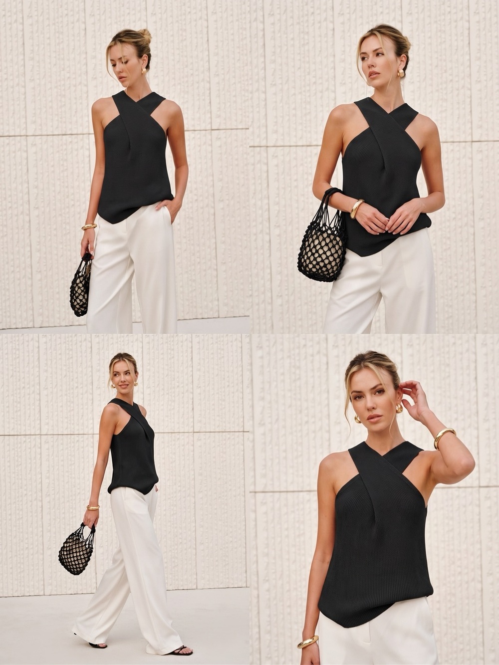 Commense Halter Cross-Over Collar Tank Top